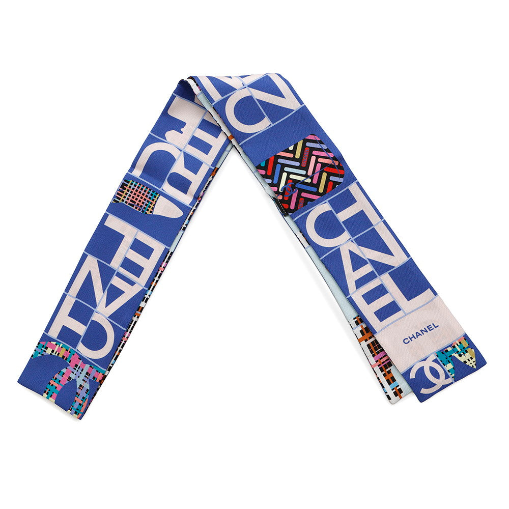 CHANEL Twilly Scarf all-over pattern Blue/Pink/Multicolor Silk100%