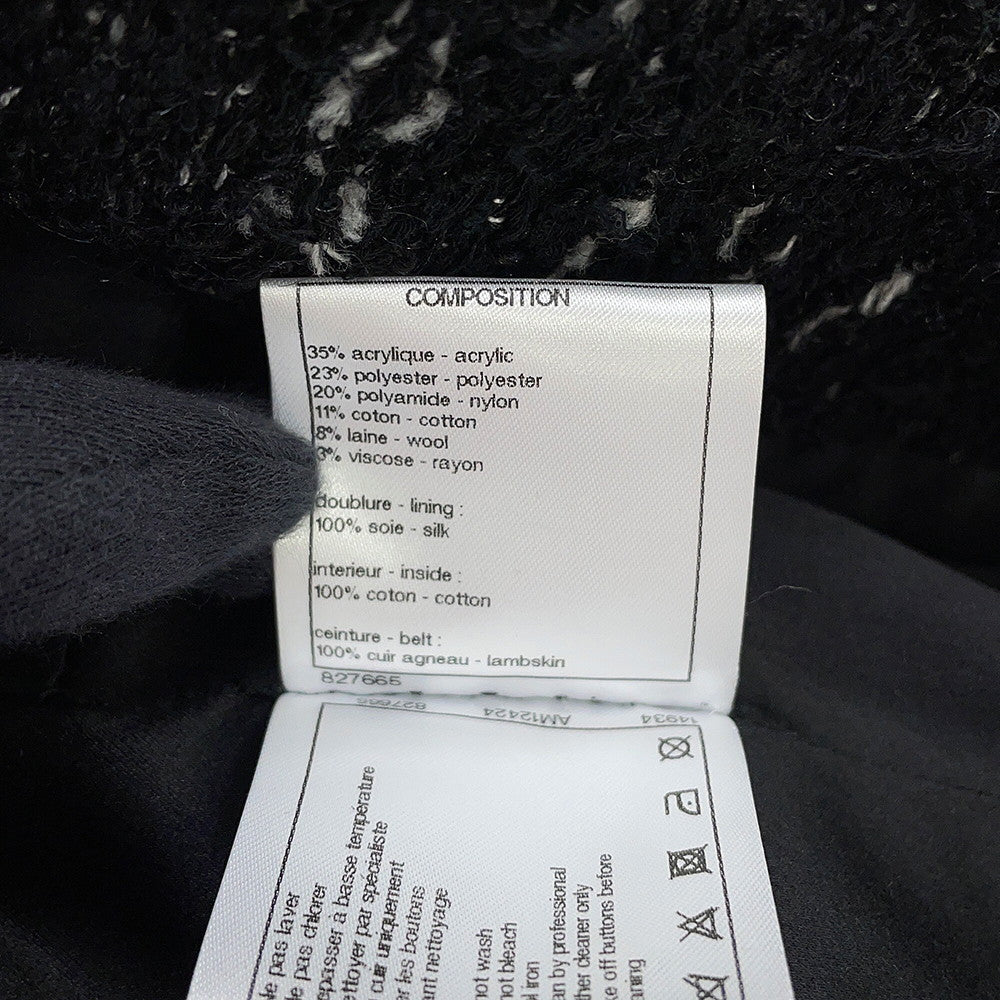CHANEL Tweed Coat Size 38 BlackP57222 Acryl35% Polyester23% Nylon20% Cotton11% Wool 8% Rayon3% Leather