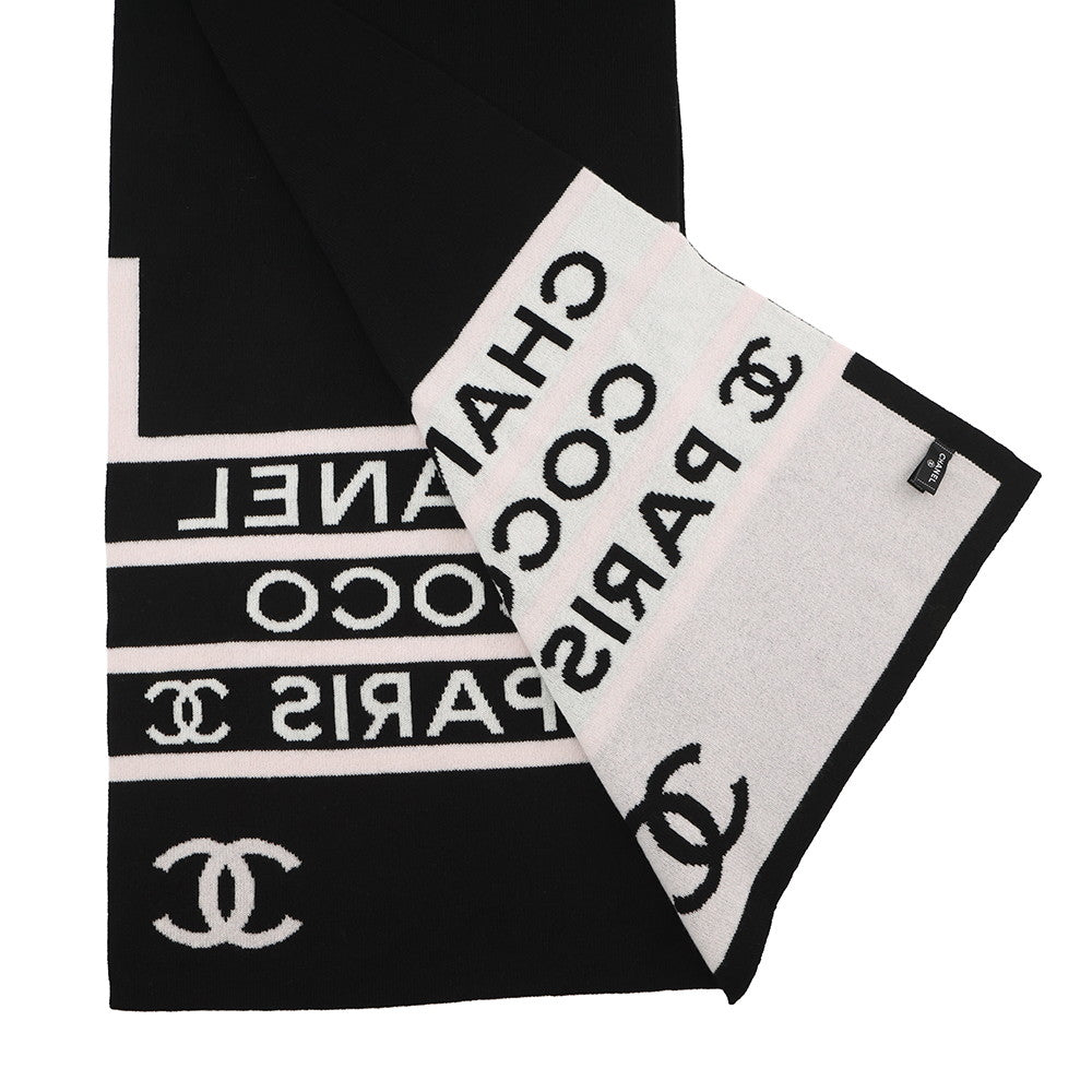 CHANEL CC Logo Large Scarf Black/White/Pink Cashmere100%