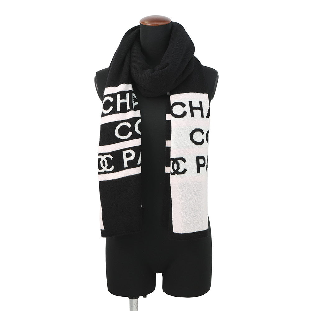 CHANEL CC Logo Large Scarf Black/White/Pink Cashmere100%