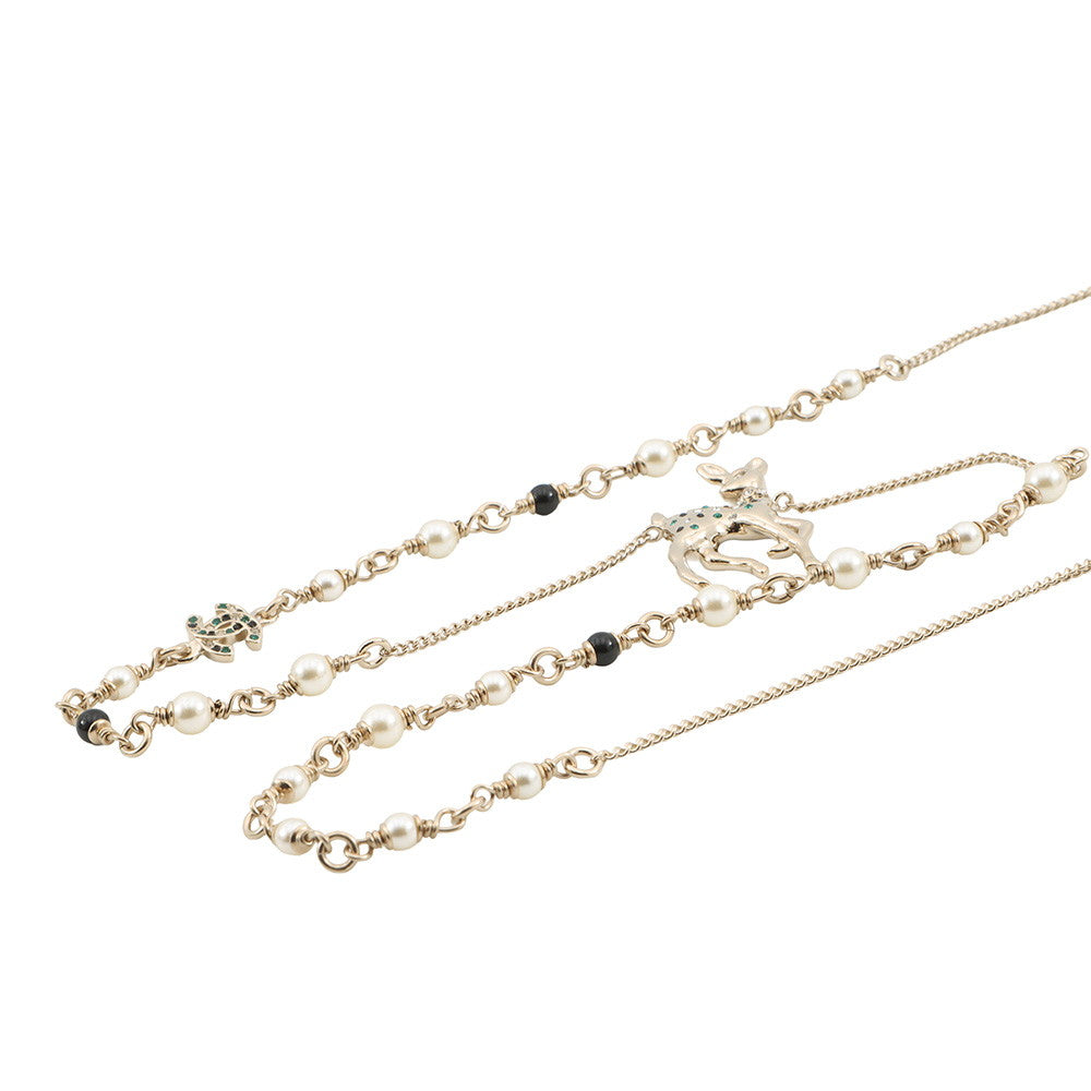 CHANEL Bambi motif long necklace Gold Metal Faux Pearl Rhinestone