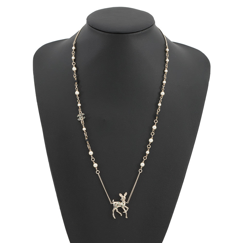 CHANEL Bambi motif long necklace Gold Metal Faux Pearl Rhinestone