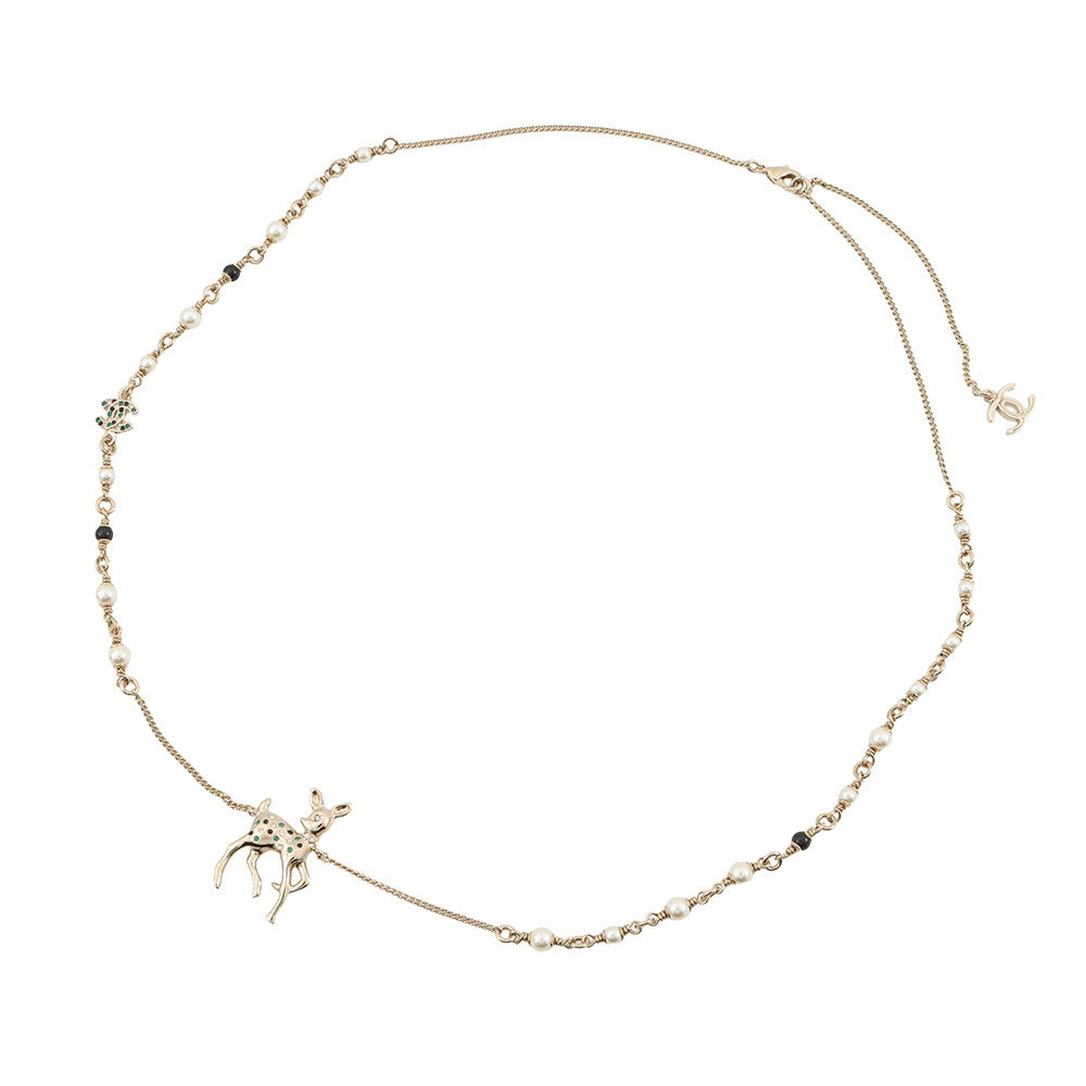 CHANEL CC Logo Bambi Motif Long Necklace Gold Plated Rhinestone Faux Pearl