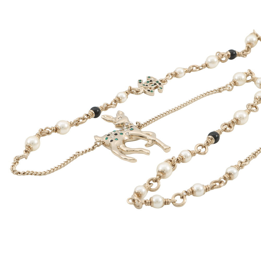 CHANEL CC Logo Bambi Motif Long Necklace Gold Plated Rhinestone Faux Pearl