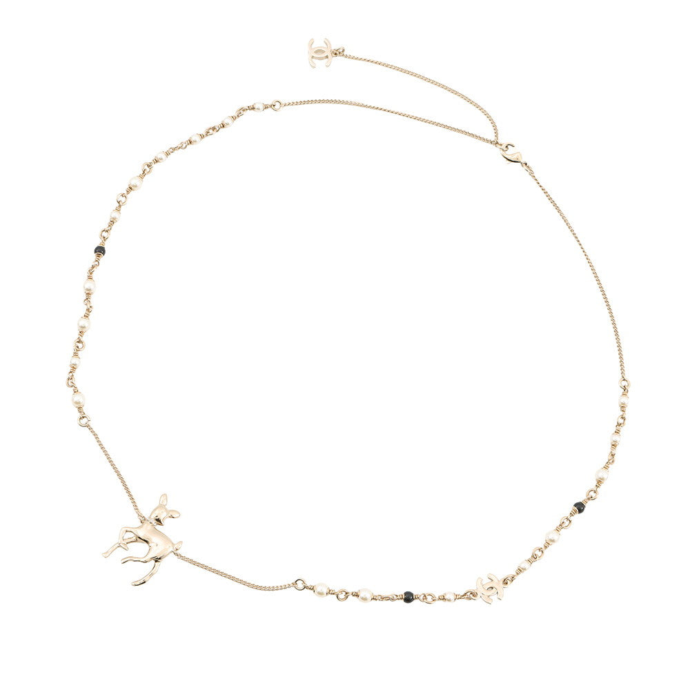 CHANEL CC Logo Bambi Motif Long Necklace Gold Plated Rhinestone Faux Pearl