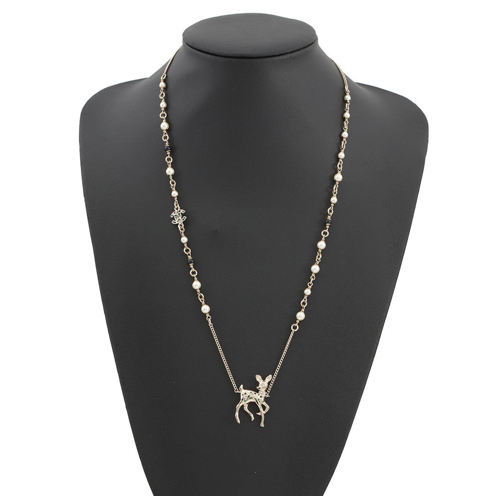 CHANEL CC Logo Bambi Motif Long Necklace Gold Plated Rhinestone Faux Pearl