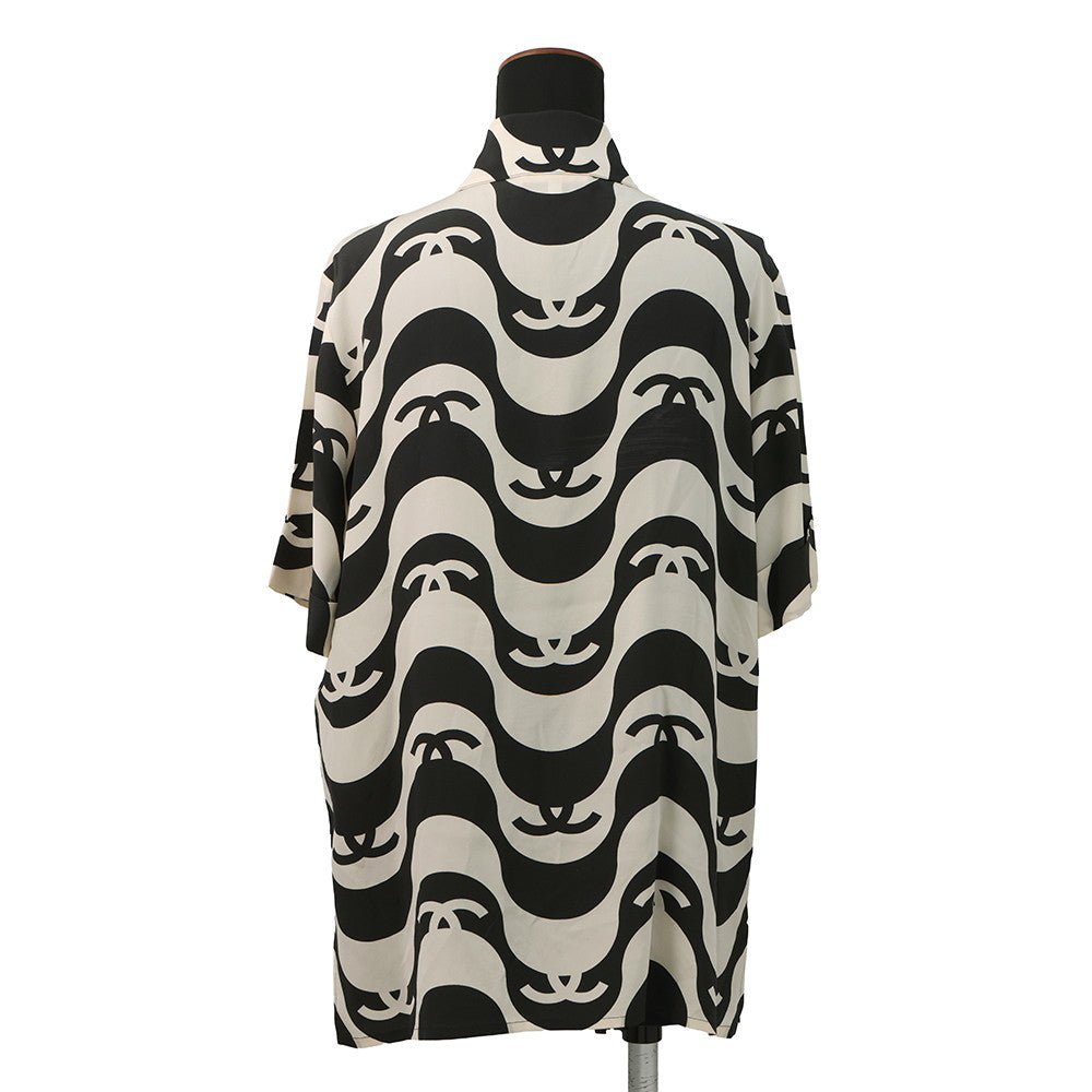 CHANEL CC Logo Wave Shirt Size 36 Cream/BlackP70211 Silk100%
