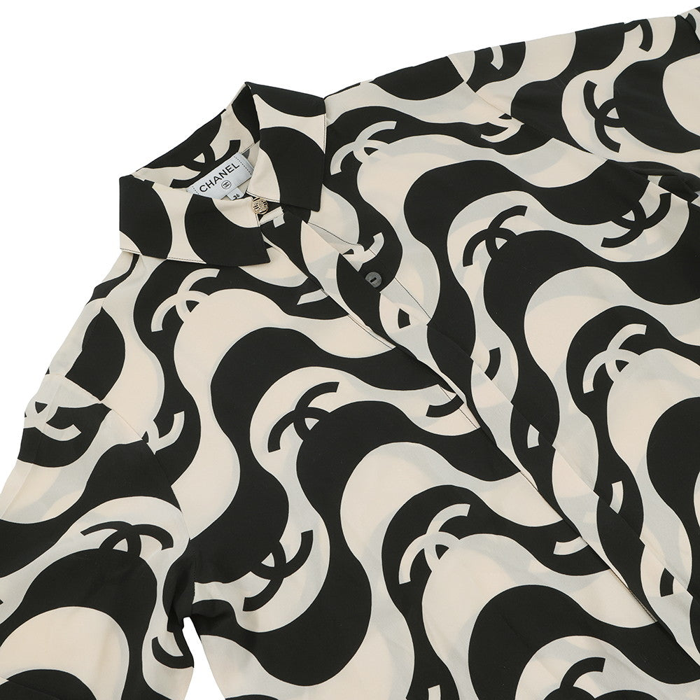 CHANEL CC Logo Wave Shirt Size 36 Cream/BlackP70211 Silk100%