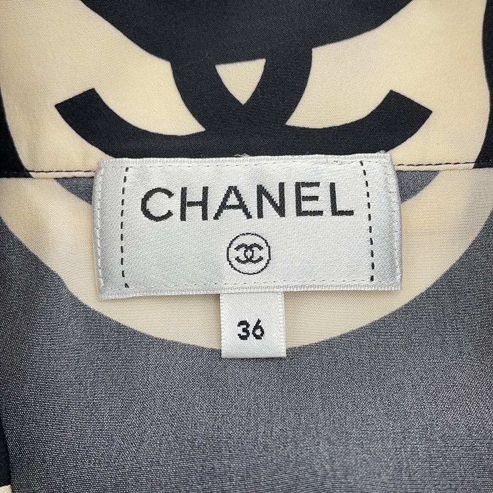 CHANEL CC Logo Wave Shirt Size 36 Cream/BlackP70211 Silk100%