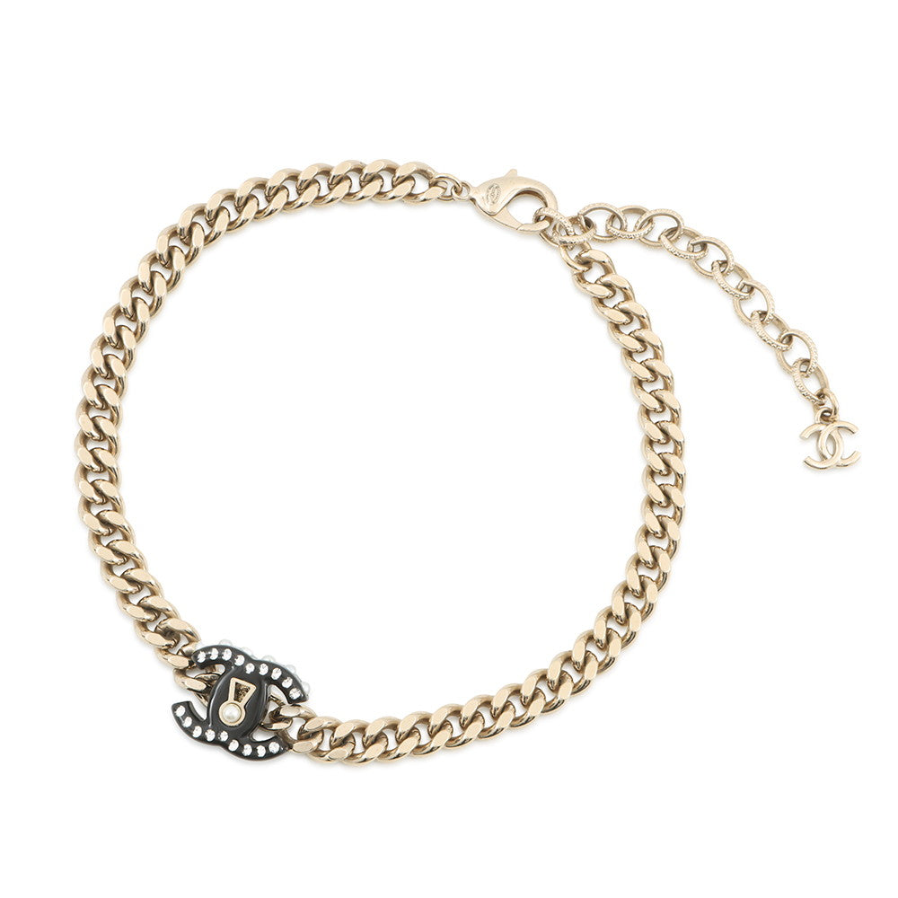 CHANEL CC Logo Key Choker Metal Rhinestone Faux Pearl