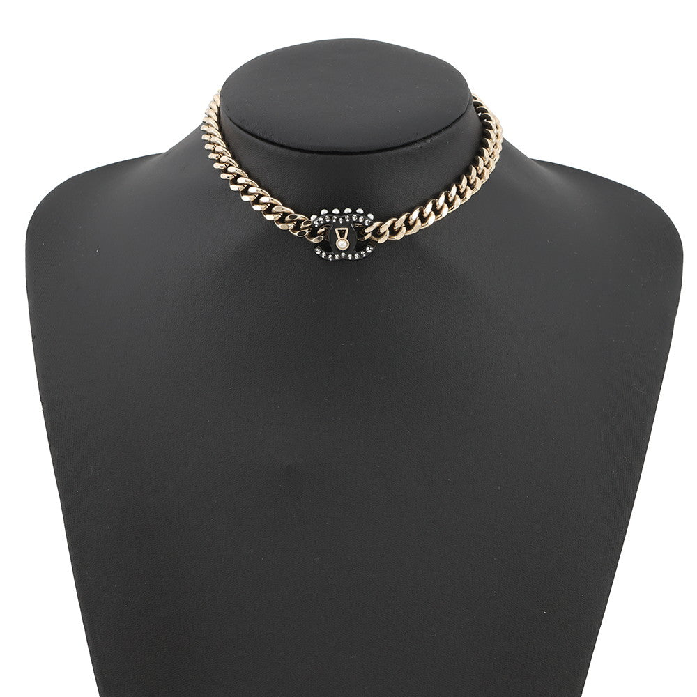 CHANEL CC Logo Key Choker Metal Rhinestone Faux Pearl