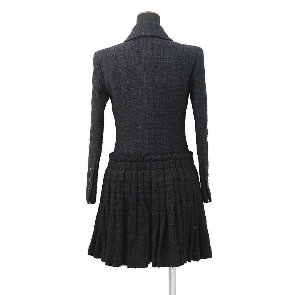 CHANEL Tweed Double-Breasted Coat Size 34 Black/NavyP64017 Cotton49% Polyamide31% Acryl20%