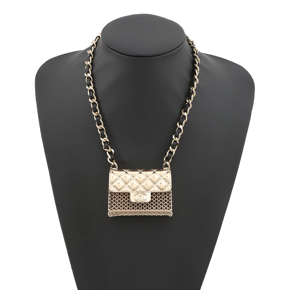 CHANEL Matelasse bag motif necklace Champagne Gold/BlackAB6136 Gold Plated Leather