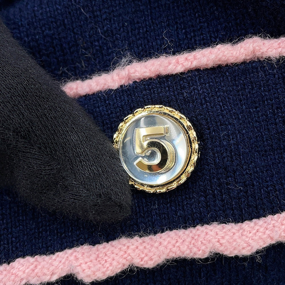CHANEL No5Button Collarless Cardigan Size 36 NavyP70793 K10084 NC238 Cashmere100%