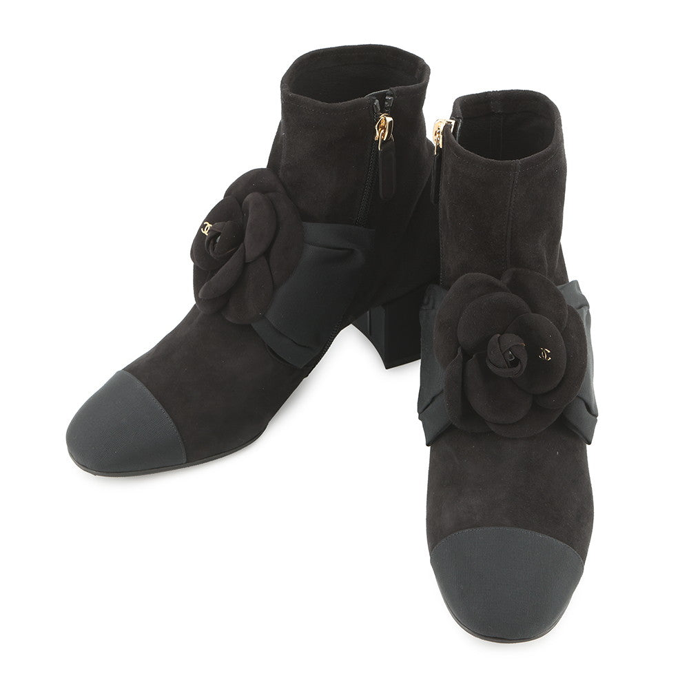 CHANEL Camellia short boots BlackG45310 suede Size 37C