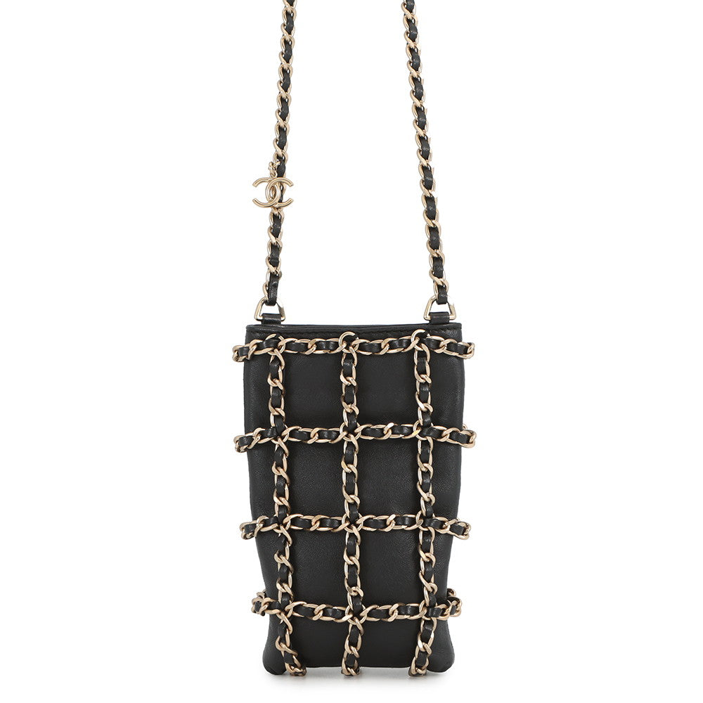 CHANEL Chocolate Bar Chain Shoulder Bag Phone Case BlackAP1161 Lambskin