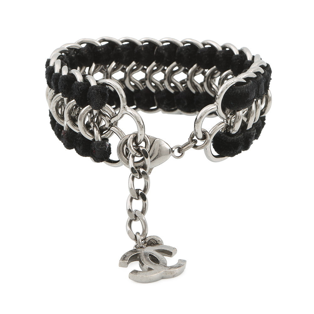 CHANEL CC Logo ChainBracelet Black/Silver Metal Velvet Rhinestone Faux Pearl