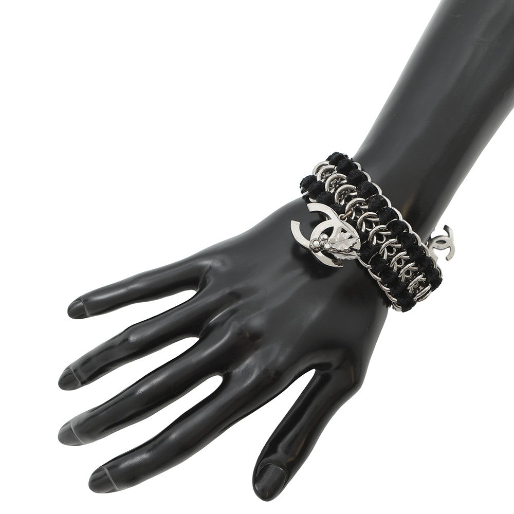 CHANEL CC Logo ChainBracelet Black/Silver Metal Velvet Rhinestone Faux Pearl
