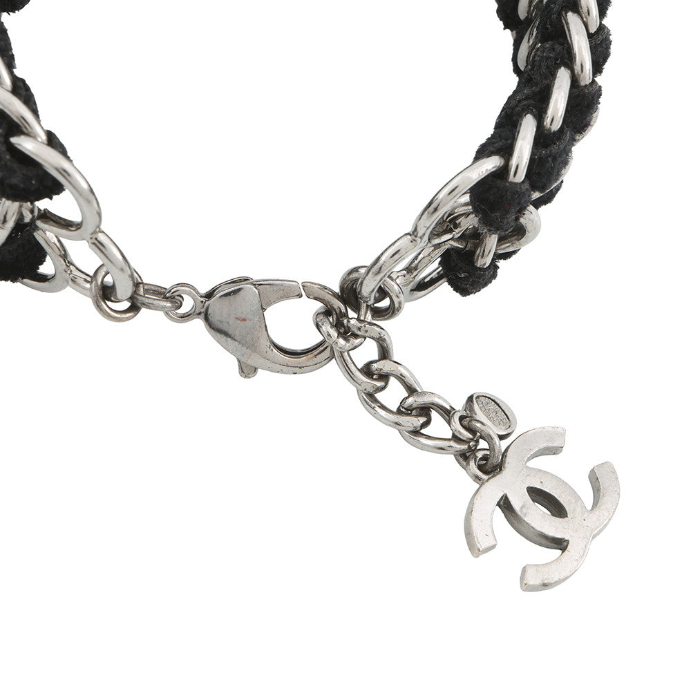 CHANEL CC Logo ChainBracelet Black/Silver Metal Velvet Rhinestone Faux Pearl