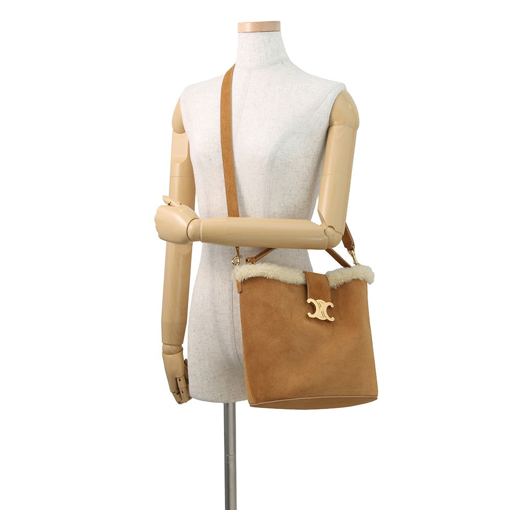 CELINE Louise 2-way Bag Cigarette/Cream116613GFT.18CM Suede Shearling Size Medium