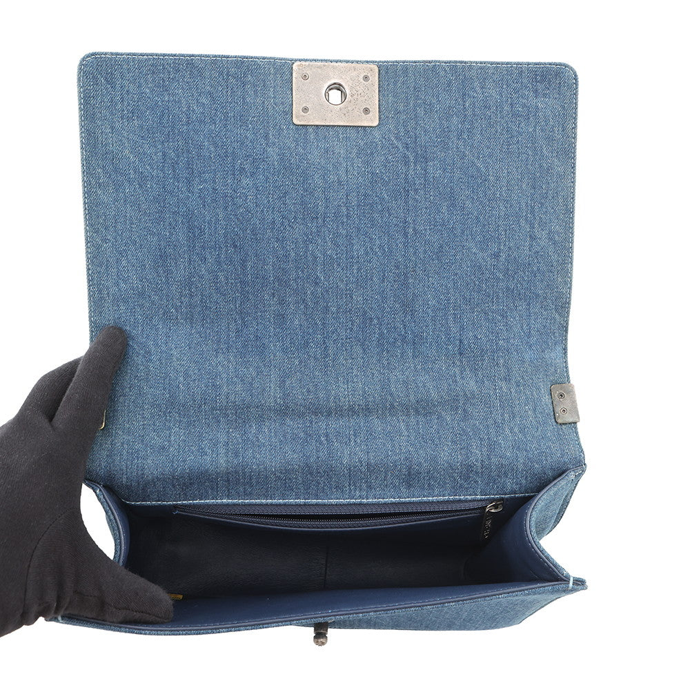 CHANEL Boy Chanel ChainShoulder Bag Blue Tweed Denim Leather Size 28