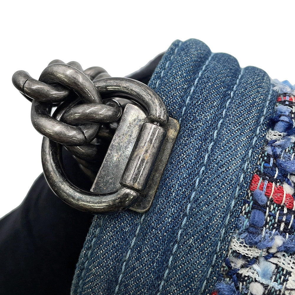 CHANEL Boy Chanel ChainShoulder Bag Blue Tweed Denim Leather Size 28