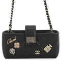 CHANEL 2.55 Phone Case Chain Pochette Lucky Bag Charm BlackA80446 Calf Leather Rhinestone Size Mini
