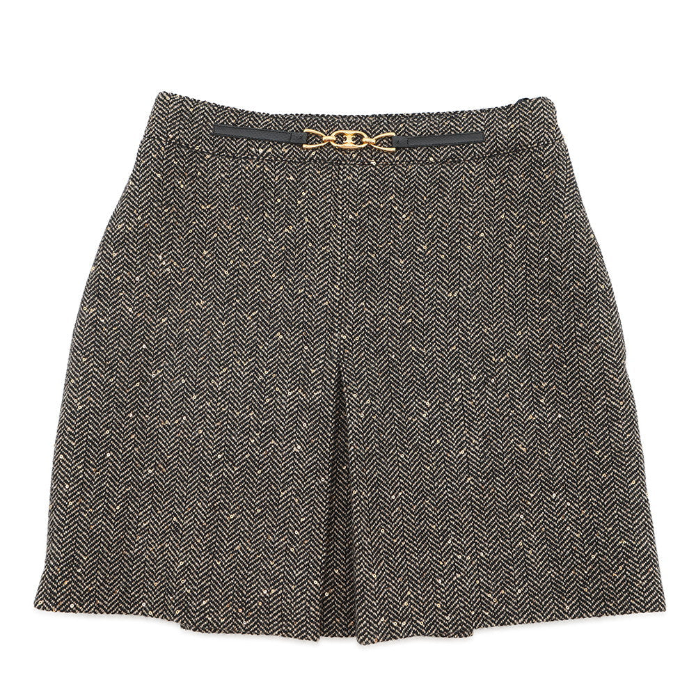 CELINE Box Pleated Tweed Skirt Size 38 Black/Beige2J121235G.24BJ Wool 88% Polyester12% Sequins