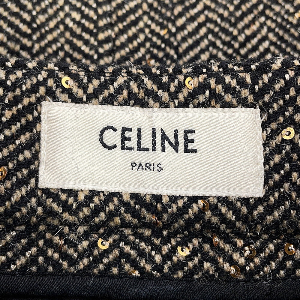 CELINE Box Pleated Tweed Skirt Size 38 Black/Beige2J121235G.24BJ Wool 88% Polyester12% Sequins