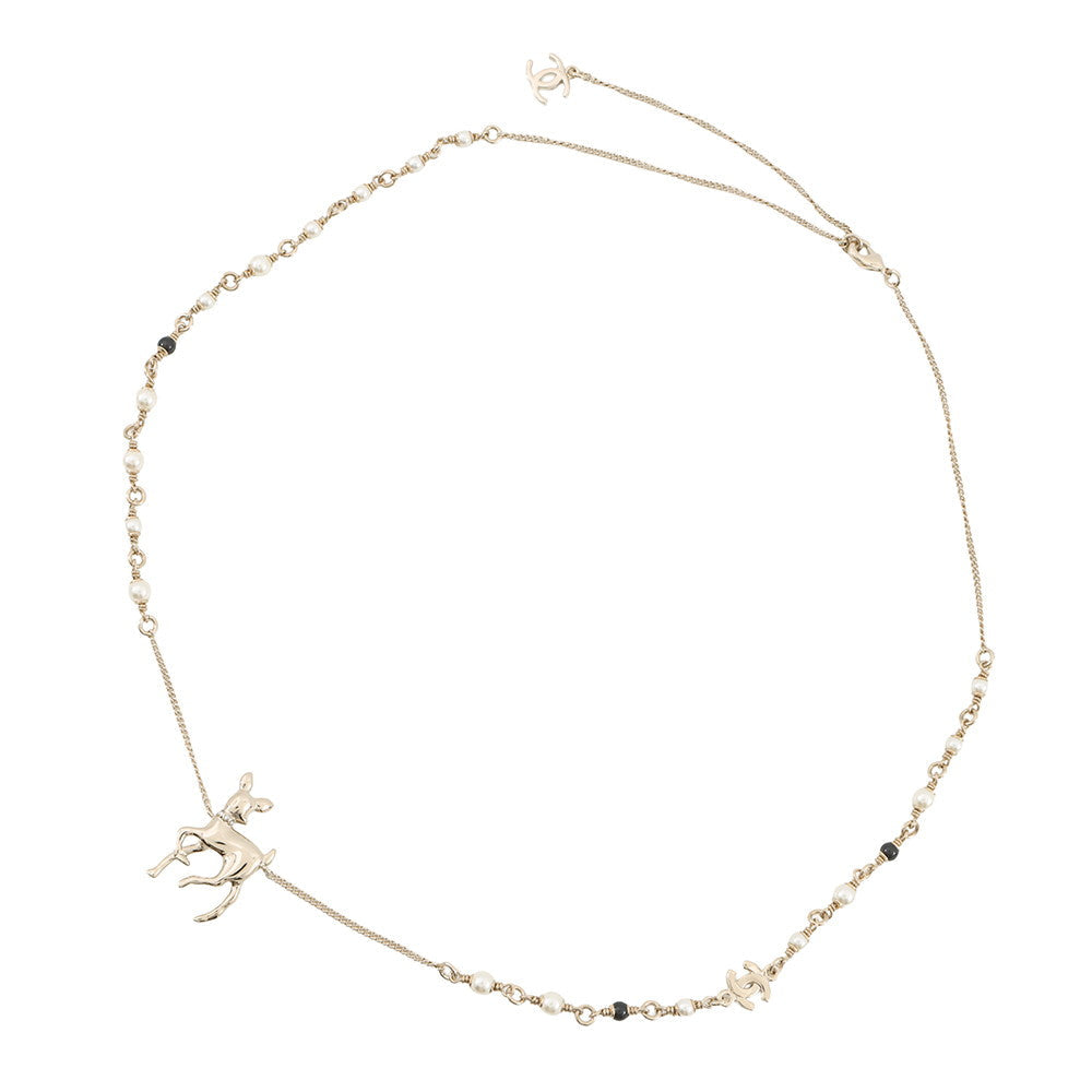 CHANEL CC Logo Bambi Motif Long Necklace Metal Faux Pearl Rhinestone