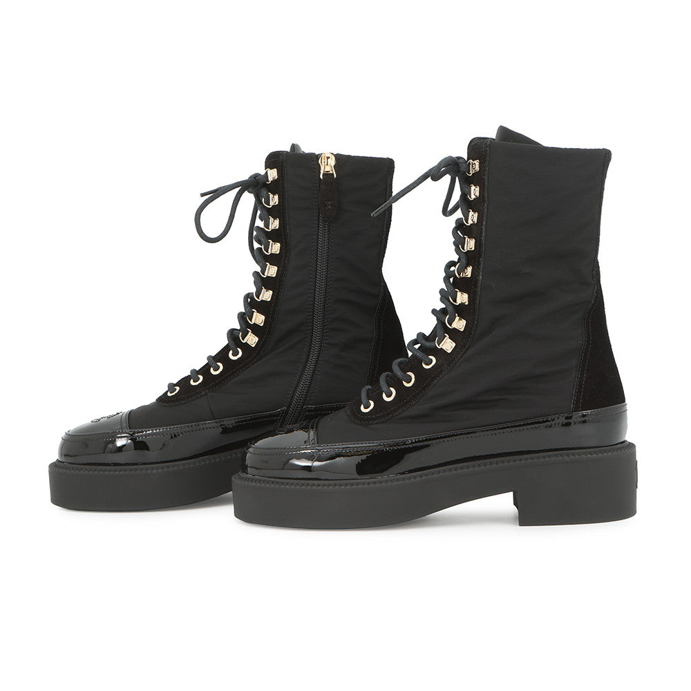 CHANEL CC Logo Lace-Up Boots BlackG38086 Nylon Patent Leather Size 36C