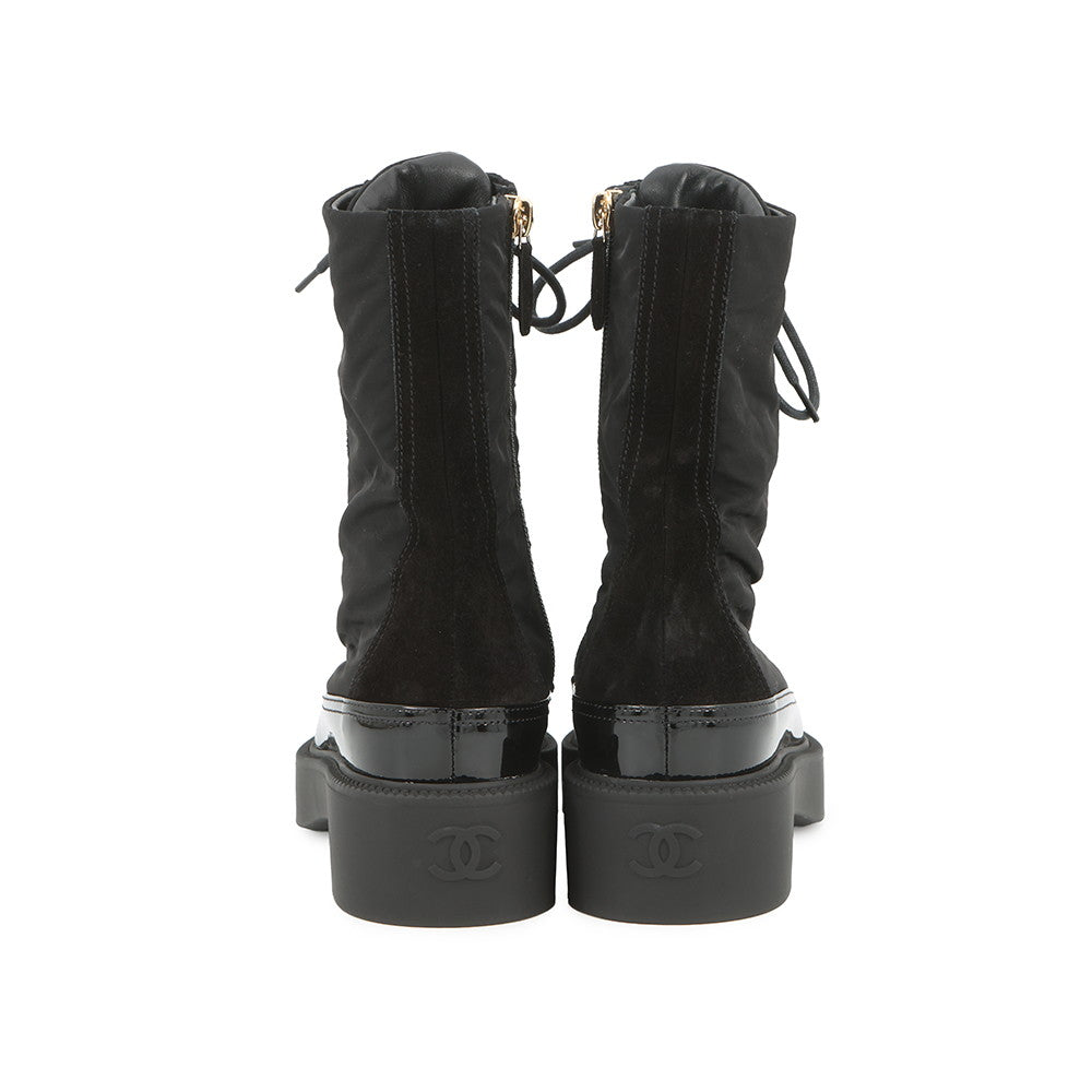 CHANEL CC Logo Lace-Up Boots BlackG38086 Nylon Patent Leather Size 36C