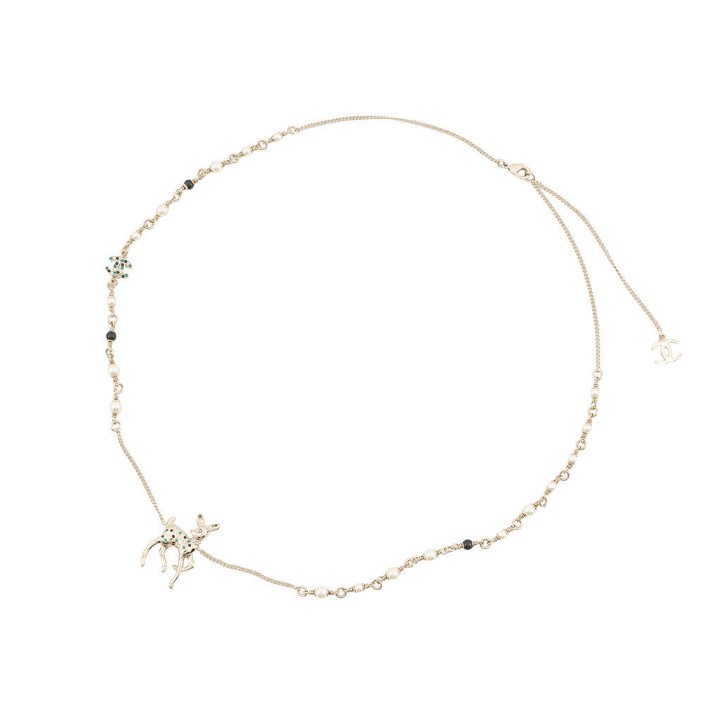 CHANEL CC Logo Bambi Motif Long Necklace Gold Plated Rhinestone Faux Pearl