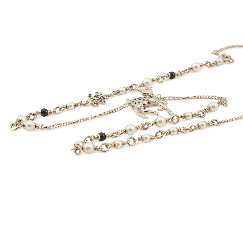 CHANEL CC Logo Bambi Motif Long Necklace Gold Plated Rhinestone Faux Pearl