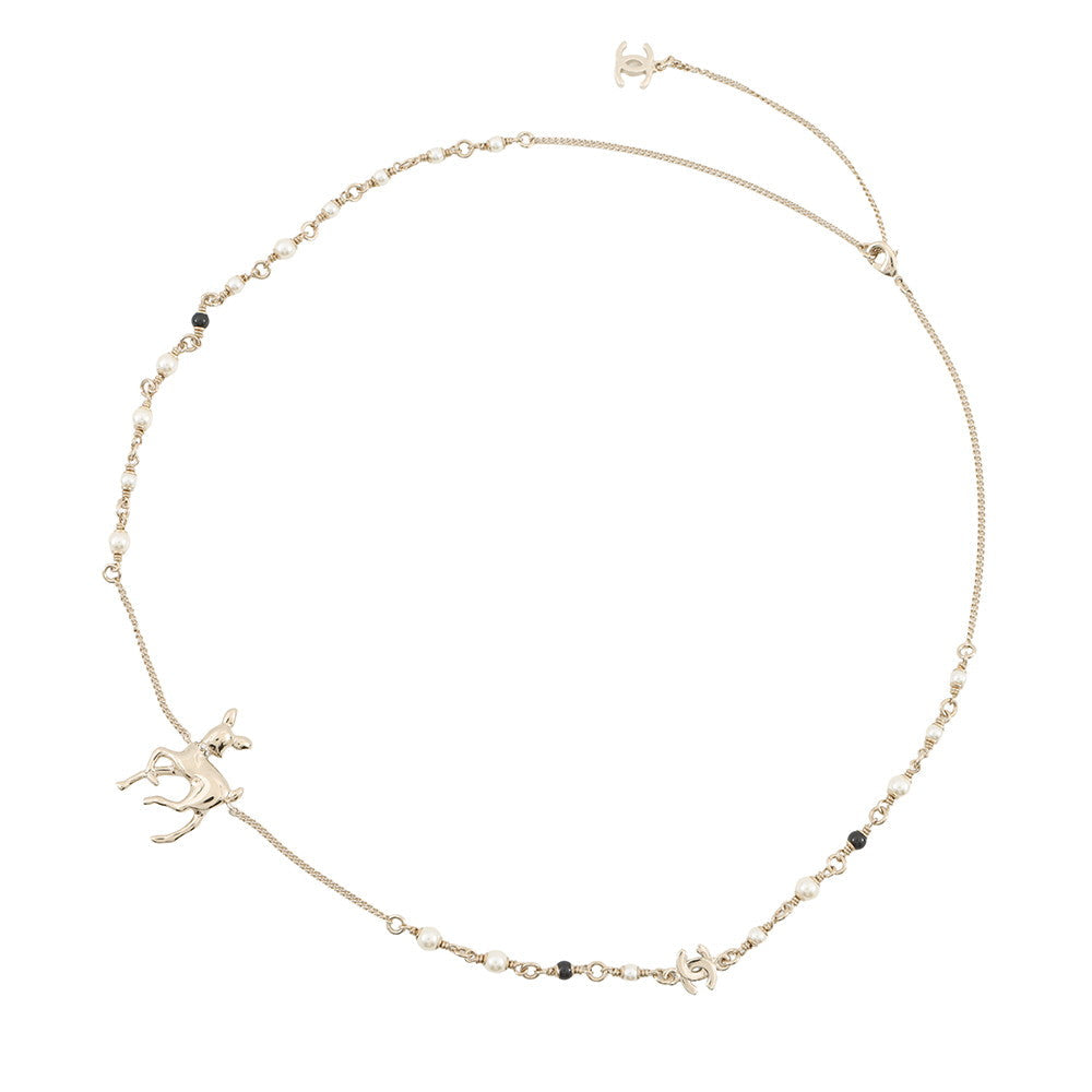 CHANEL CC Logo Bambi Motif Long Necklace Gold Plated Rhinestone Faux Pearl