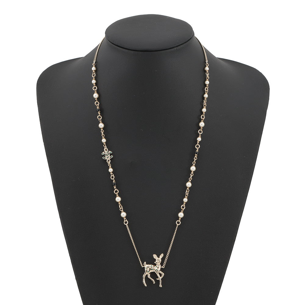 CHANEL CC Logo Bambi Motif Long Necklace Gold Plated Rhinestone Faux Pearl