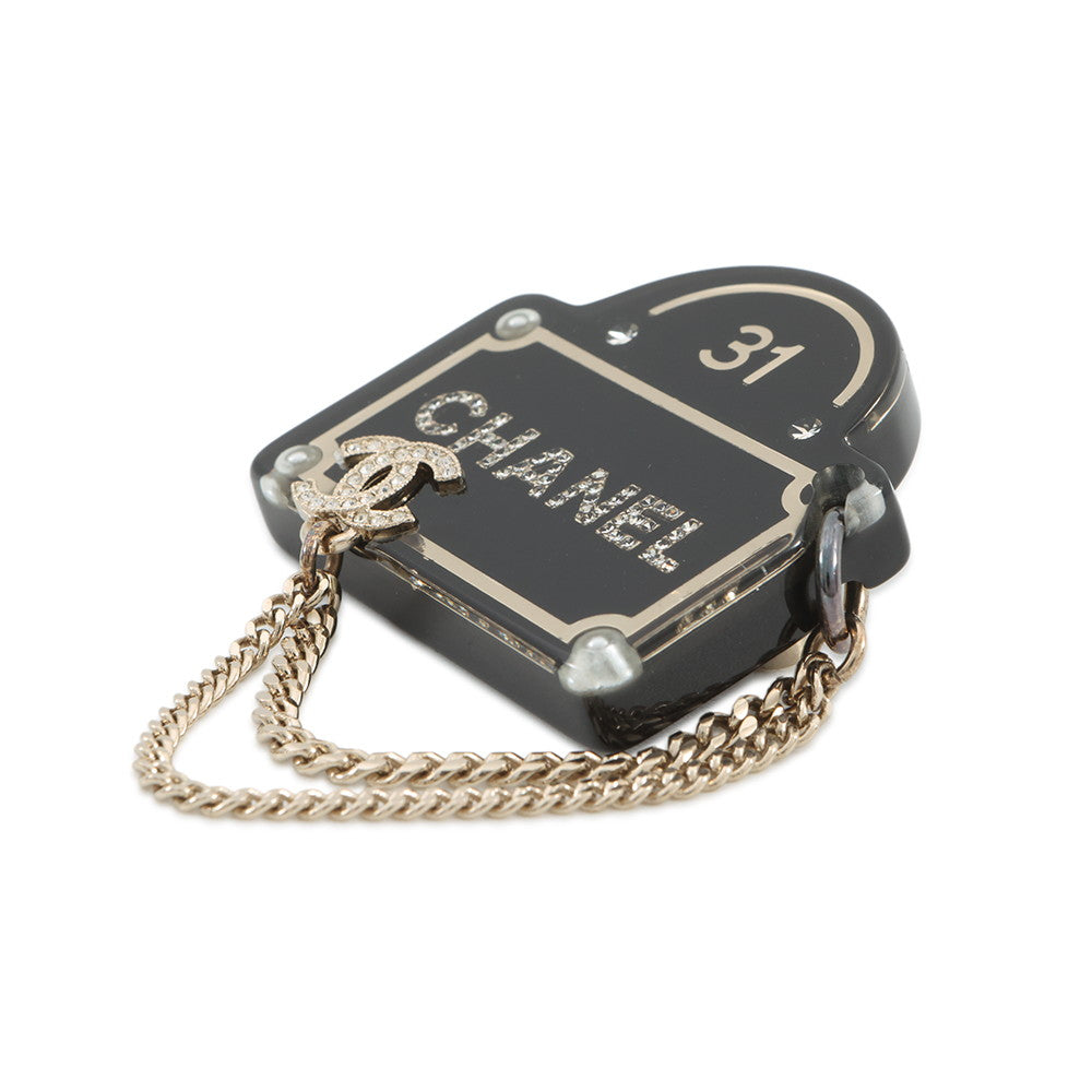 CHANEL Brooch Black/Gold Plastic Gold Plated Rhinestone Faux Pearl