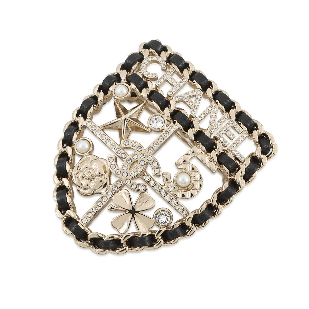 CHANEL Emblem Icon Brooch Silver/BlackAB4702 Metal Lambskin Faux Pearl Rhinestone