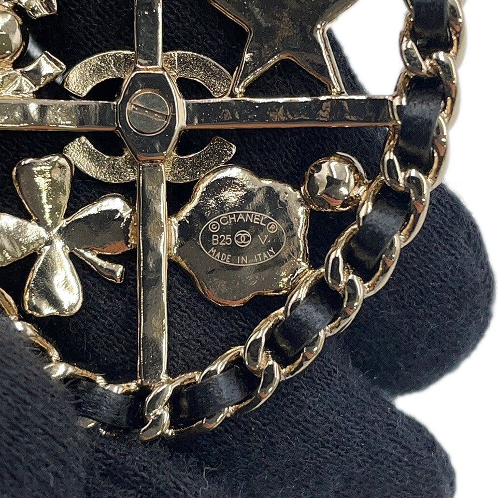 CHANEL Emblem Icon Brooch Silver/BlackAB4702 Metal Lambskin Faux Pearl Rhinestone