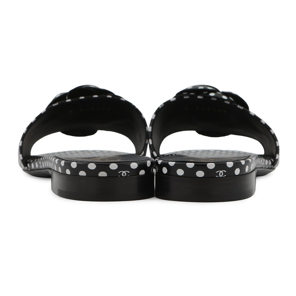 CHANEL Camellia Dot Mules Sandals Black/WhiteG45499 Lambskin Size 38