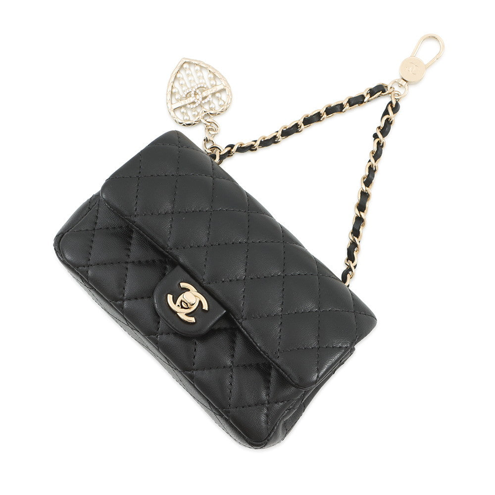 CHANEL Matelasse Classic Mini Bag Charm BlackAP4760 Lambskin Faux Pearl Rhinestone
