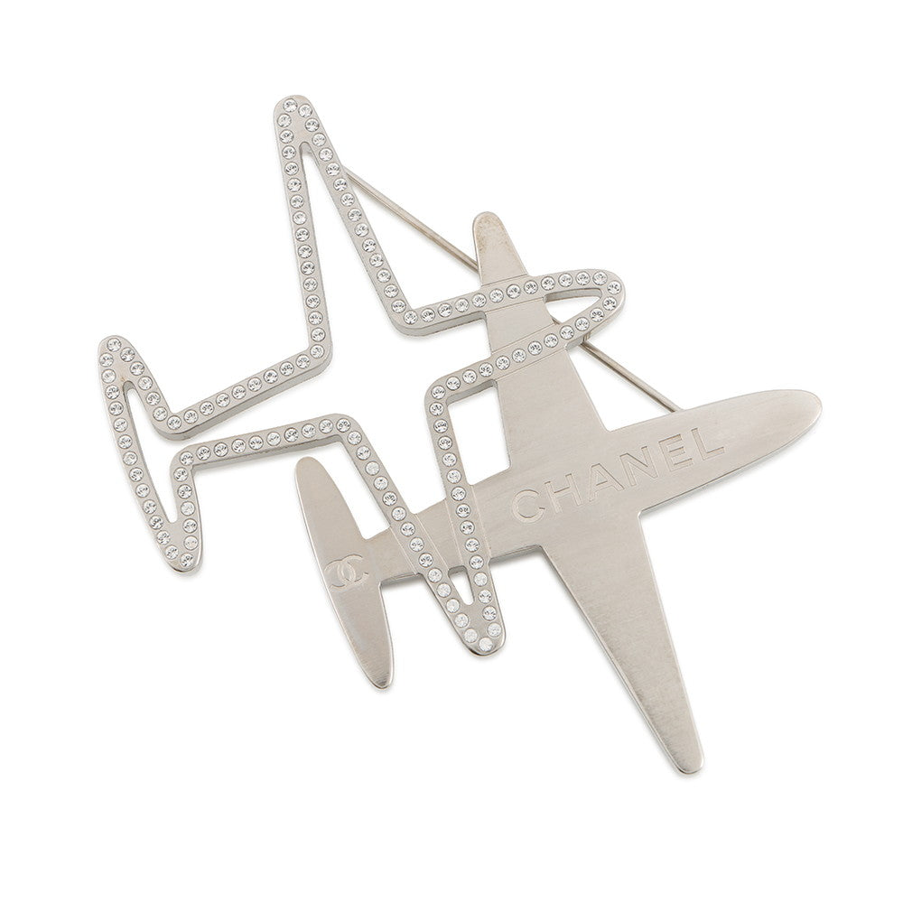 CHANEL Airplane motif Brooch Silver Metal Rhinestone