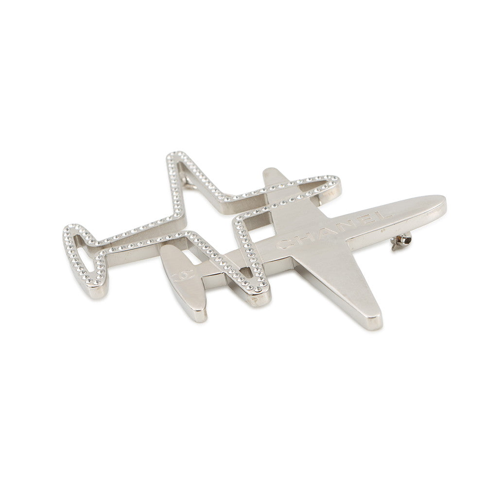CHANEL Airplane motif Brooch Silver Metal Rhinestone