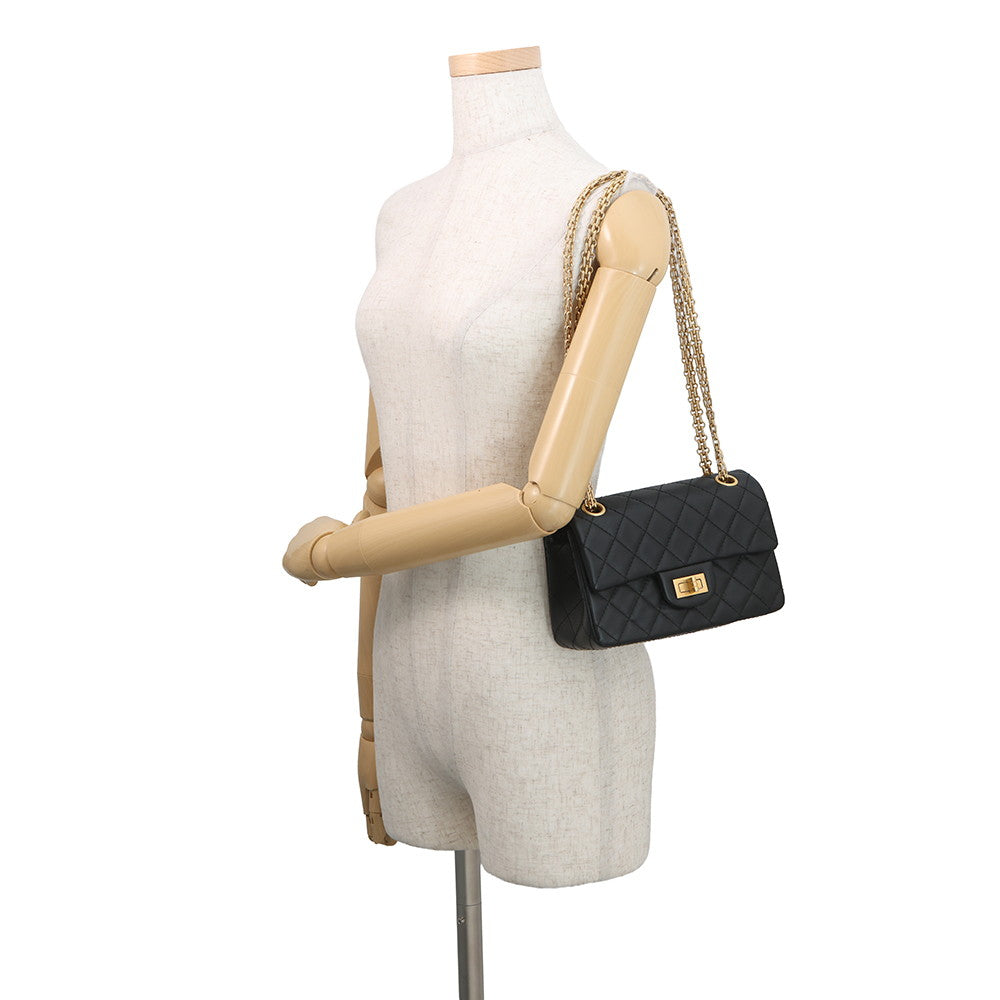 CHANEL 2.55 Matelasse S Flap Chain Shoulder Bag Black Leather Size 20