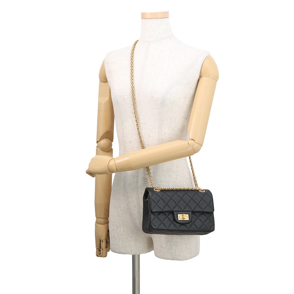CHANEL 2.55 Matelasse S Flap Chain Shoulder Bag Black Leather Size 20