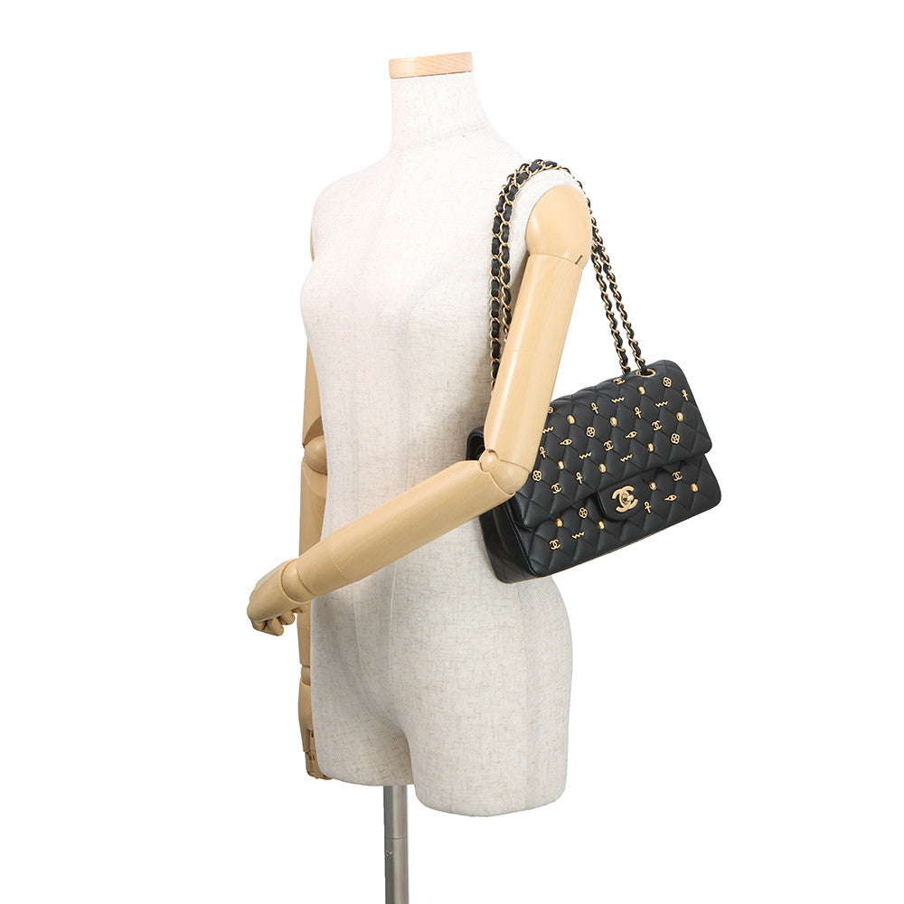 CHANEL Matelasse Double Flap Egyptian Bag Charm Chain Shoulder Bag BlackA01112 Lambskin Size 25