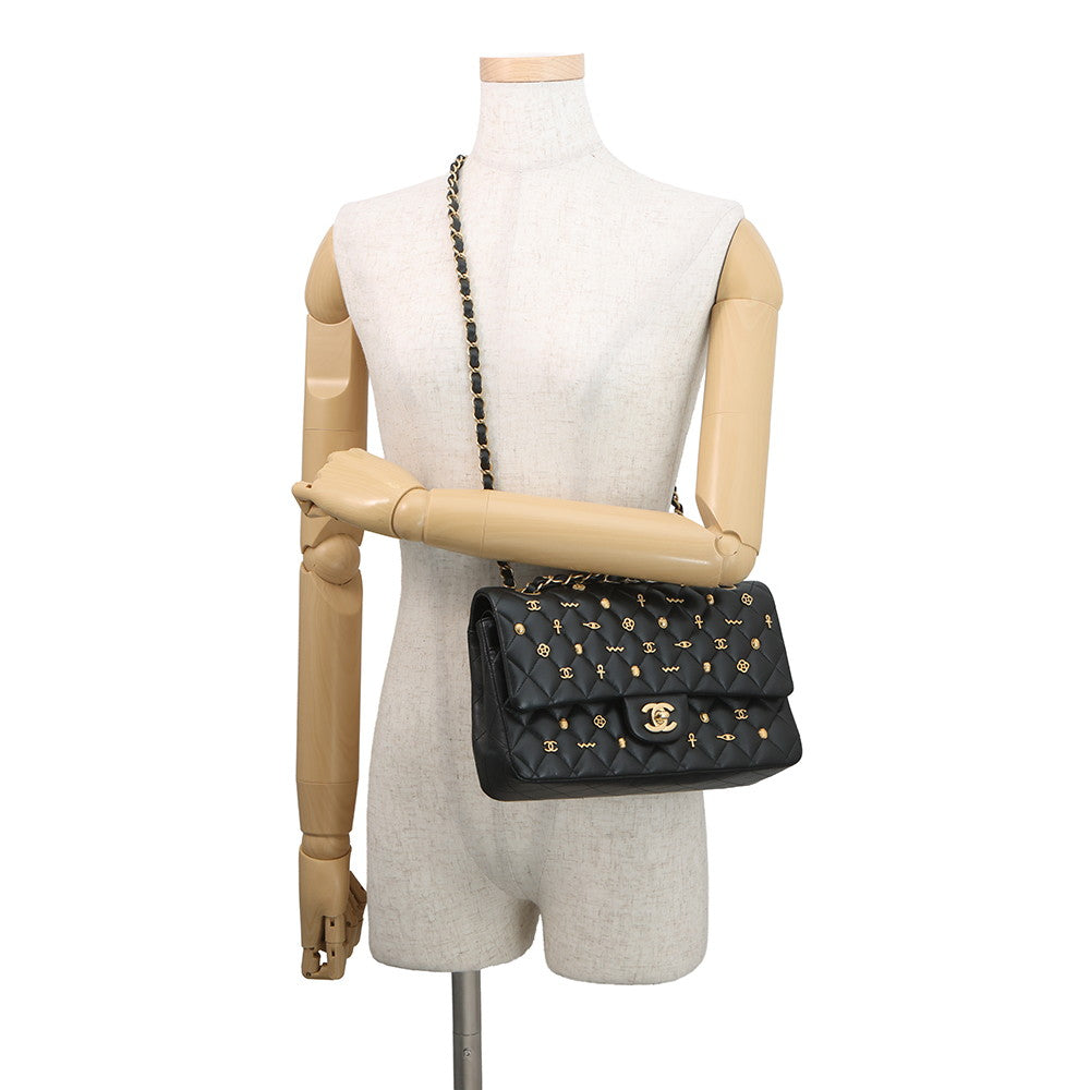 CHANEL Matelasse Double Flap Egyptian Bag Charm Chain Shoulder Bag BlackA01112 Lambskin Size 25