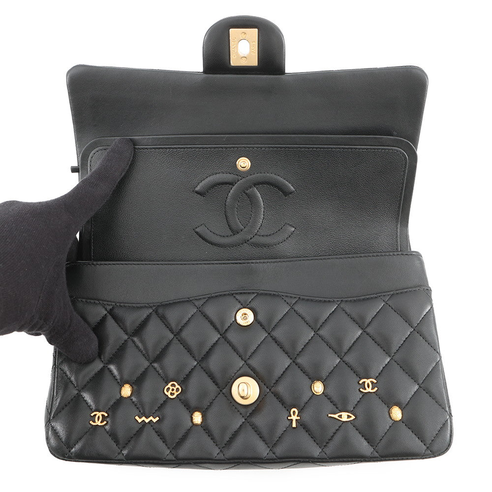 CHANEL Matelasse Double Flap Egyptian Bag Charm Chain Shoulder Bag BlackA01112 Lambskin Size 25