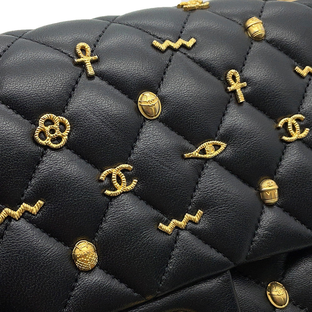 CHANEL Matelasse Double Flap Egyptian Bag Charm Chain Shoulder Bag BlackA01112 Lambskin Size 25