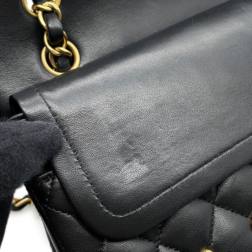 CHANEL Matelasse Double Flap Egyptian Bag Charm Chain Shoulder Bag BlackA01112 Lambskin Size 25